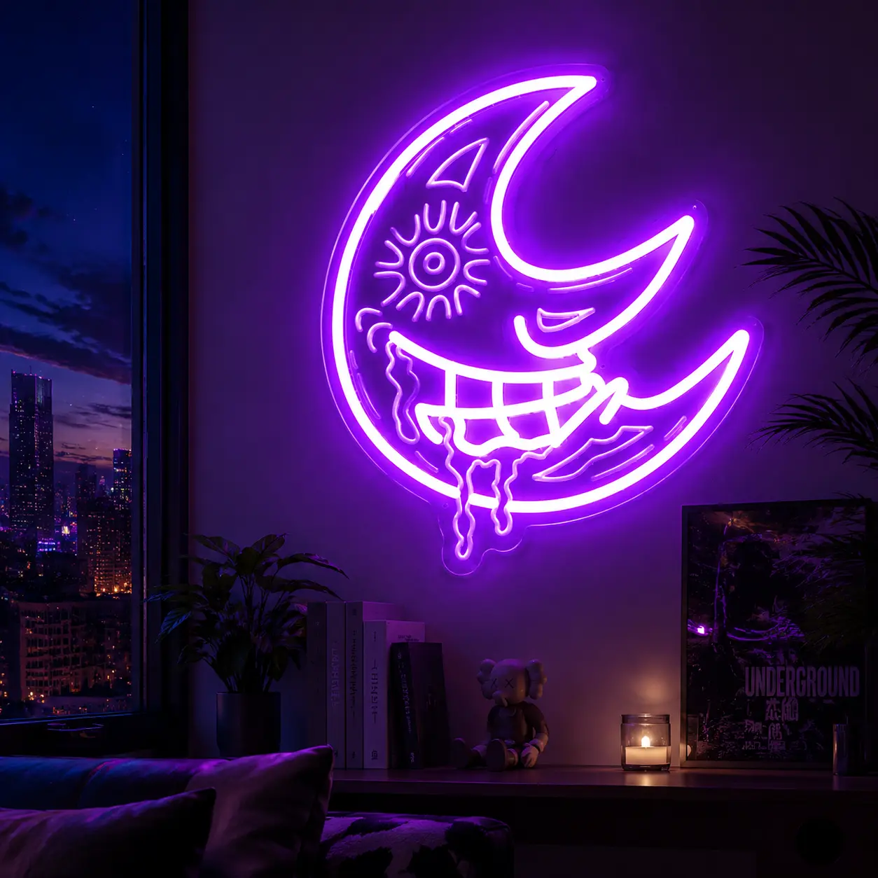 Moon Neon Sign, Purple Scary Devil Drooling Blood Moon Led Sign for Wall Decor , Retro Vintage Psychedelic Mystic Moon Neon Light for Christmas Bedroom Party Gift Home Bar Man Cave Party Gift for Him