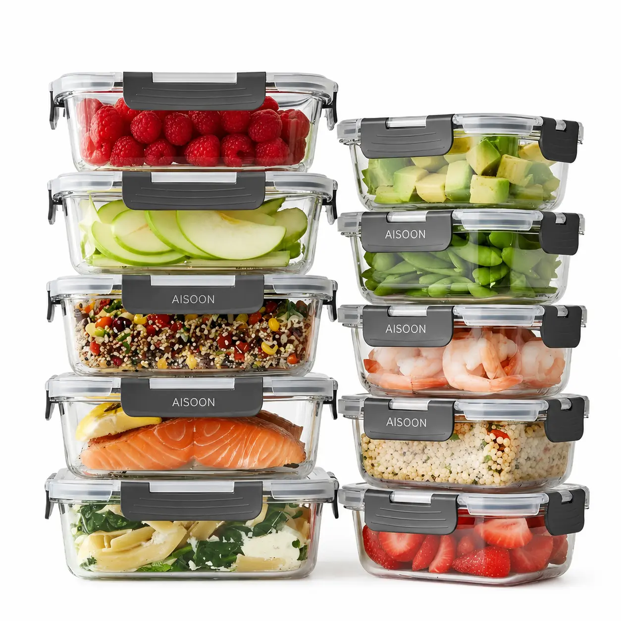 AISOON 10-Pack Rectangle Borosilicate Glass Fridge Storage Containers (5x13oz,5x36oz) - Leak-Proof Lids, Lead-Free, Microwavable, Freezer/Oven-Safe, Stackable, Dishwasher-Safe Bodies, Kitchen Gadgets for Fridge Organization, Food Hacks, Fast Delivery