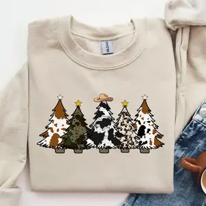 Country Christmas Sweatshirt, Western Christmas Sweatshirt, Howdy Christmas Sweater, Cow Print Christmas Tree Sweater, Xmas Farm Pullovers