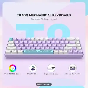 LANG RK-T8 Wired 65% Mechanical Gaming Keyboard With RGB LED Backlit Anti-ghosting TKL Mini 68 Keys Custom Coiled C To A Cable Tactile Blue Switch For PS4, PS5, Xbox, PC, Mac Gamer (Lavender) Synthetic