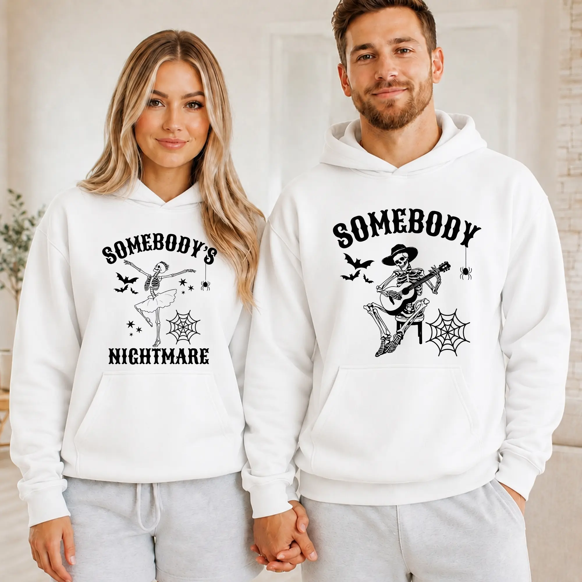 Halloween Couple Matching Hoodie, Somebody’s Nightmare Skeleton Sweatshirt, Funny Skeleton Couple Pullover, Spooky Season Hoodie, Gothic Halloween Couple Shirt, Halloween Gift, Mr and Mrs Halloween Hoodie, Couple Trick or Treat