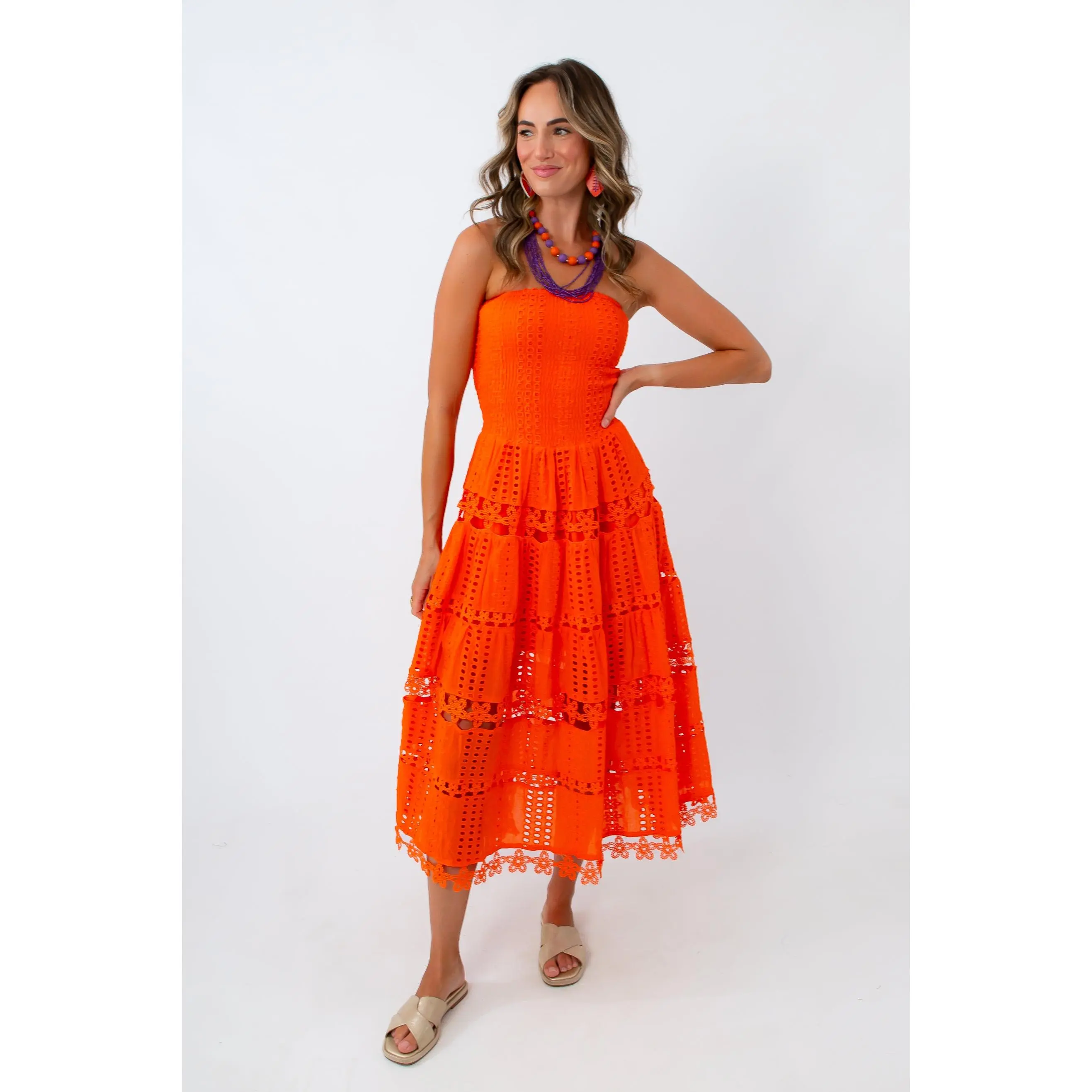 Orange You Glad She's Back Eyelet Strapless Midi Dress
