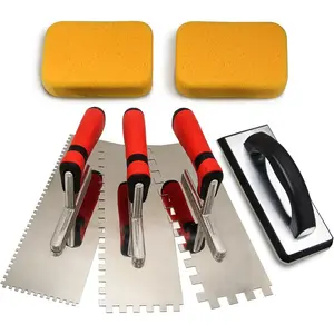 Tile Tools Stainless Steel Square Notch Trowel Set Plus Rubber Grout Float and Grout Sponge for Tiling Installation Grouting