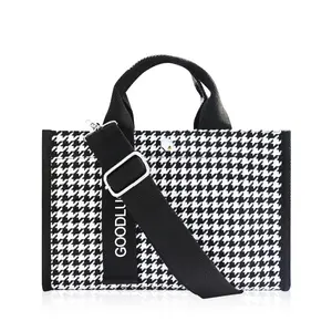 Tote Bag for Women Canvas Structured Purse - Cute Small Shoulder Crossbody Strap Casual Fabric Houndstooth Handbag
