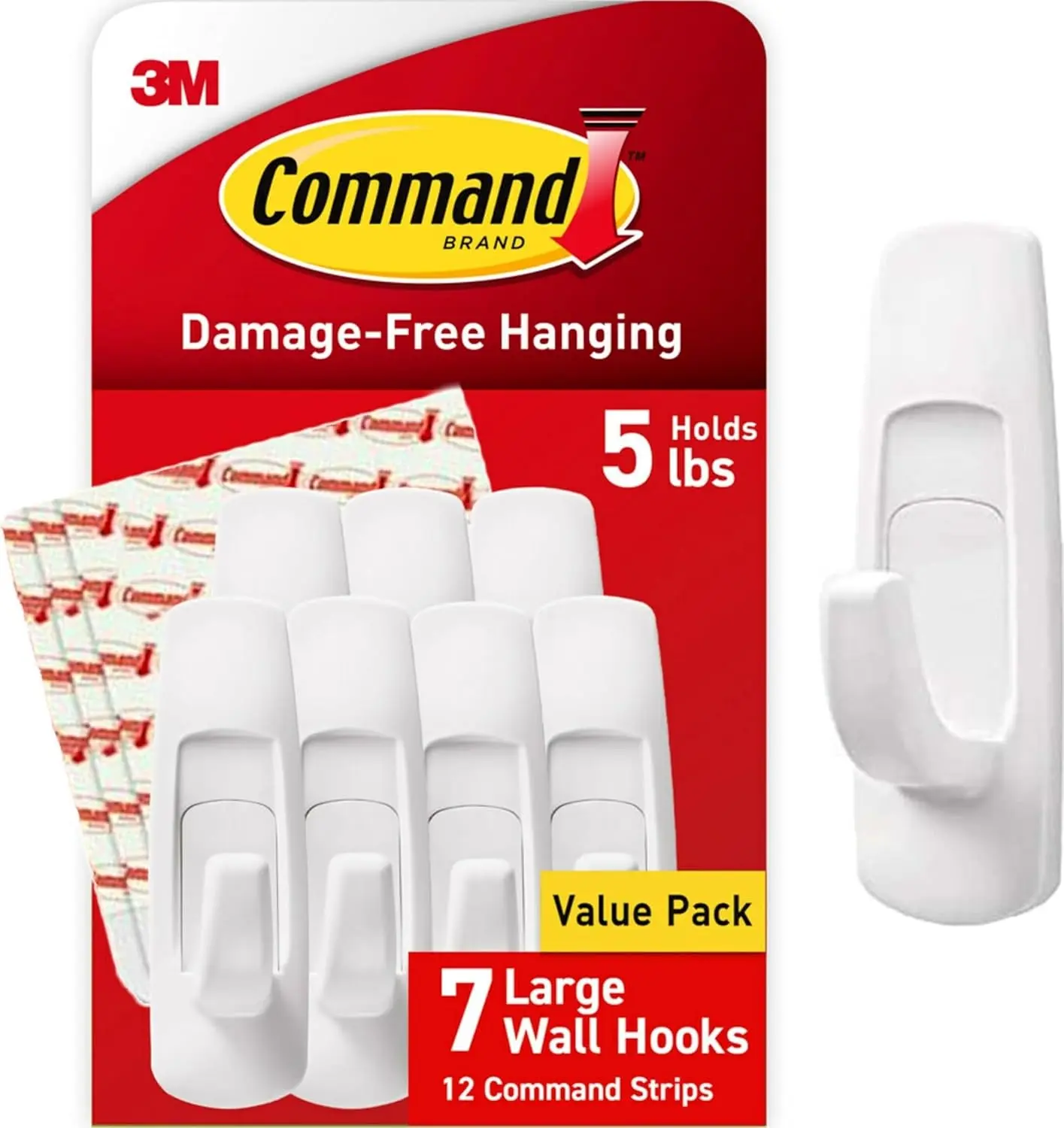 Command Large Utility Hooks, 7-Hooks, 12-Strips, Organize Damage-Free Damage-Free Hanging Wall Hooks with Adhesive Strips, No Tools Adhesive Hooks for Hanging Decor, Holds up to 5 lb