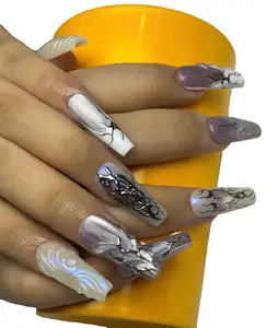 Y2K Chrome Press On Nails: Pale Pink & Pearl White, Futuristic Glam - Glossy Finish, Easy Application, Custom Sizes XS-9 mm, Affordable & Time-Saving Manicure, Purple Ombré Gradient Design