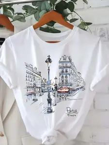 Women's Cartoon Paris City Print Round Neck Tee, Fashion Casual Short Sleeve Fitted T-shirt, Ladies Summer Clothes for Daily Wear