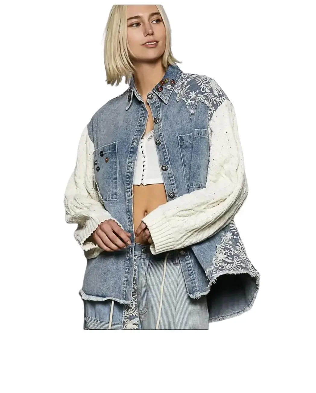 Pol Womens Denim Sweater Sleeve Embroidered Buttons Details Winter NEW