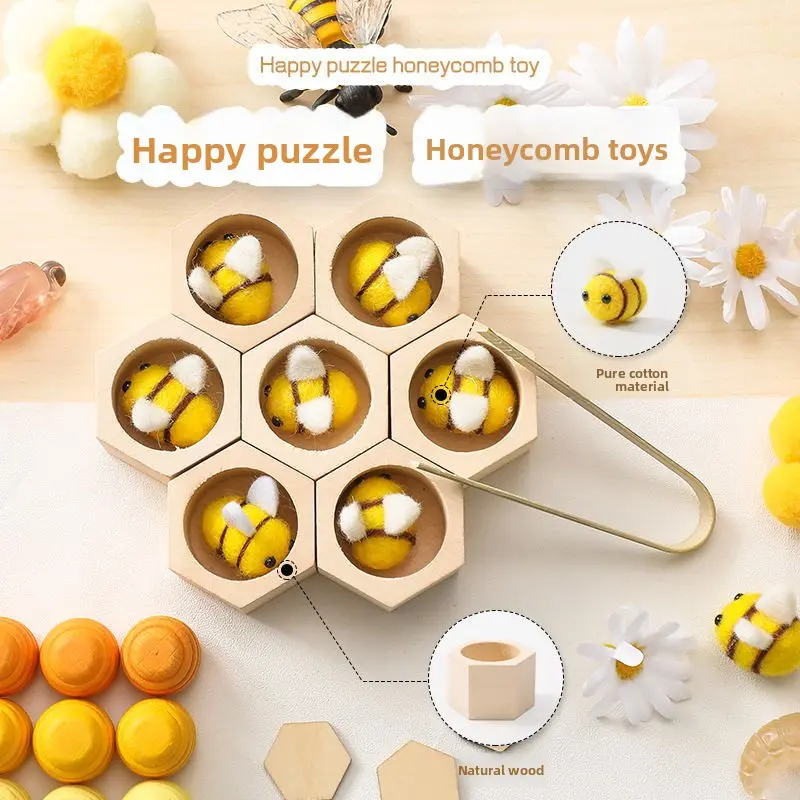 Montessori Wooden Early Learning Educational Toy, Clip Little Bees, Cotton Balls and Beads, Exercise Hand-Eye Coordination & Brain Development