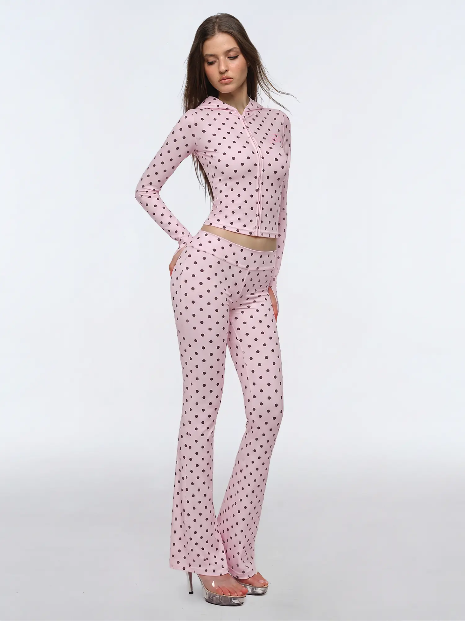 FDR Polka Dot Zip Up Hoodie and Flare Pants Set Women's Slim Fit Y2K Two Piece Outfit Streetwear