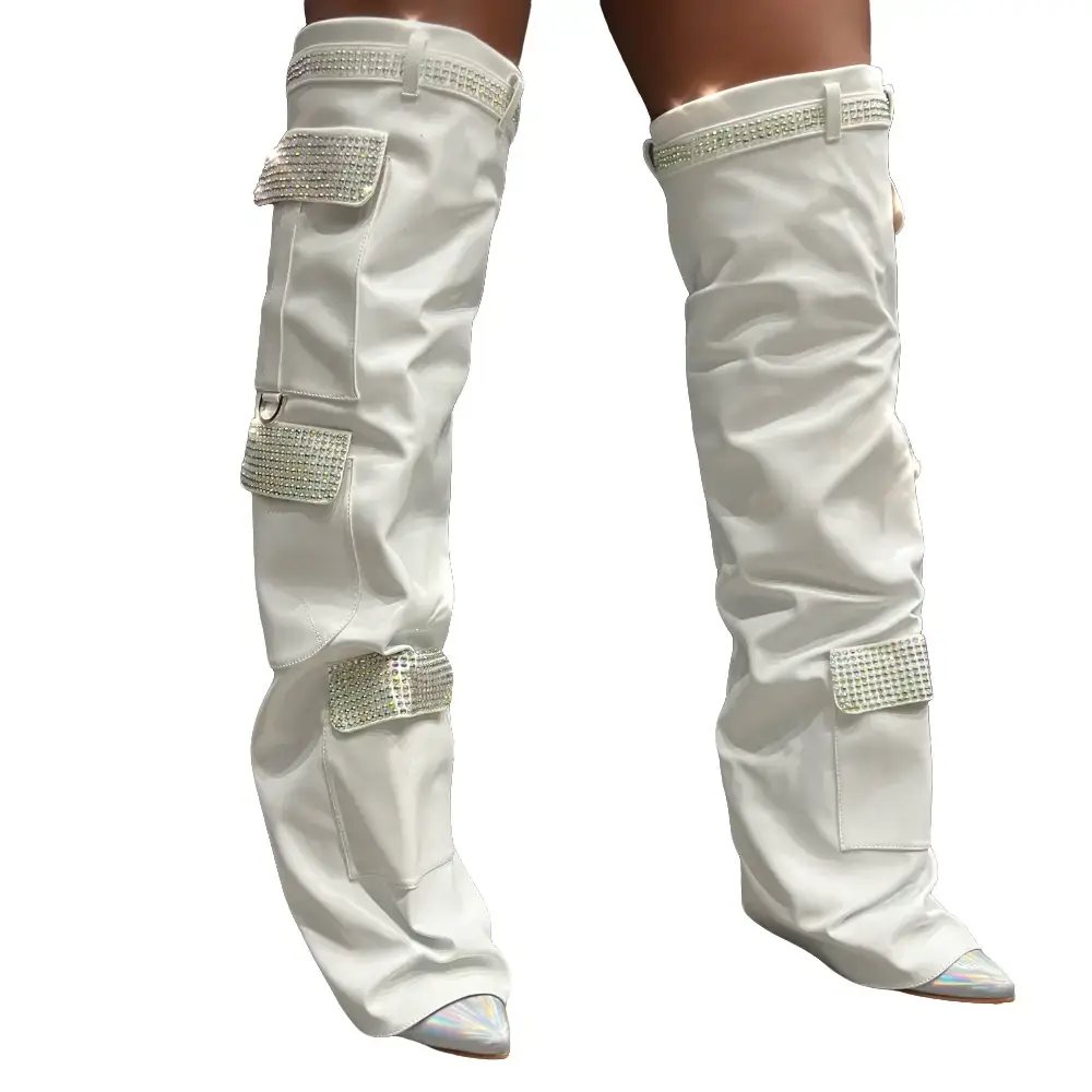 BUNNO White STILETTO HEEL FOLDOVER THIGH IIGH BOOTS