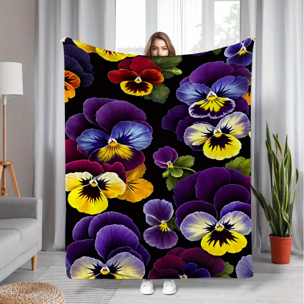 Dark Floral Blanket Pansy Flower Throw Blanket, Botanical Garden Blanket for Couch Sofa Bed, Vintage Floral Home Decor Blanket, Cozy Soft Blanket for Women, Cottagecore Room Decor, Nature Lover Gift, Aesthetic Flower Blanket
