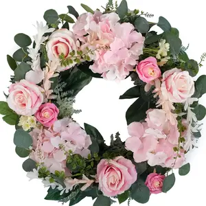 Bibelot 20-Inch Silk Artificial Pink Rose Flower Wreath, Decorative Floral Ornament with Hydrangea Leaves for Front Door, Home Decor, Room Decor