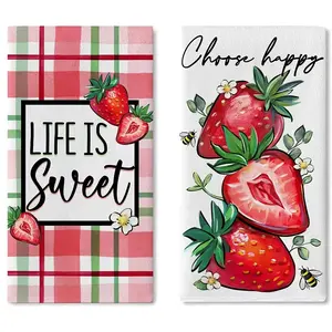 Strawberry Print Kitchen Towels Set, 2 Pieces, 16x24 Inches, Reusable, Ideal for Cooking, Baking, Cleaning, Cleaning Cloths