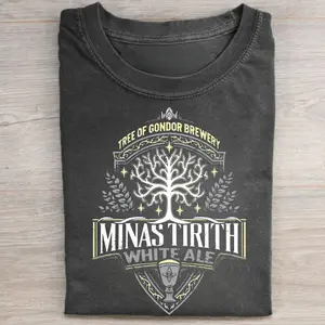 Vintage Tree Of Gondor Brewery Graphic Tee - Minas Tirith White Ale Shirt - The Lord of The Rings Movie Shirt - Iconic Movie Scenes Tee - Funny Beers of Middle Earth Tee Menswear Top