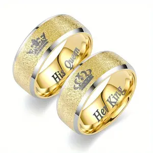 2pcs Classic Stainless Steel Couple Rings Set, "His King & Her Queen" Engraved, Simple Style, Titanium Steel, Daily Banquet Wear, All Seasons Jewelry Gift