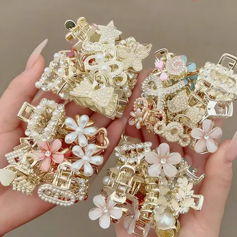 12pcs Random Women's Hair Claw Set, Elegant Style Shiny Rhinestone Decorative Hair Clips, Flower Hair Clip, Wedding Hair Decor, Perfect for Daily Use, Wedding and Gifting, Super Cute Clips, Cute Hair Accessories