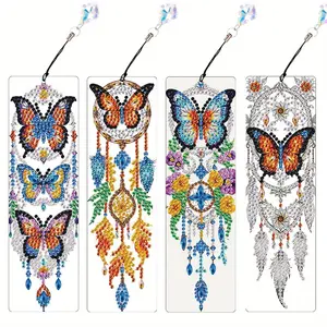 Butterfly Pattern DIY Diamond Arts Colorful Painting Kit, 4 Counts/set DIY Diamond Arts Colorful Painting Bookmark, DIY Decorative Pendant for Bag, Diamond Painting Kits