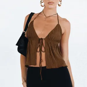 Women Halterneck Crop Tops Summer Solid Color Bandage Open Front Backless Sleeveless Tops Streetwear