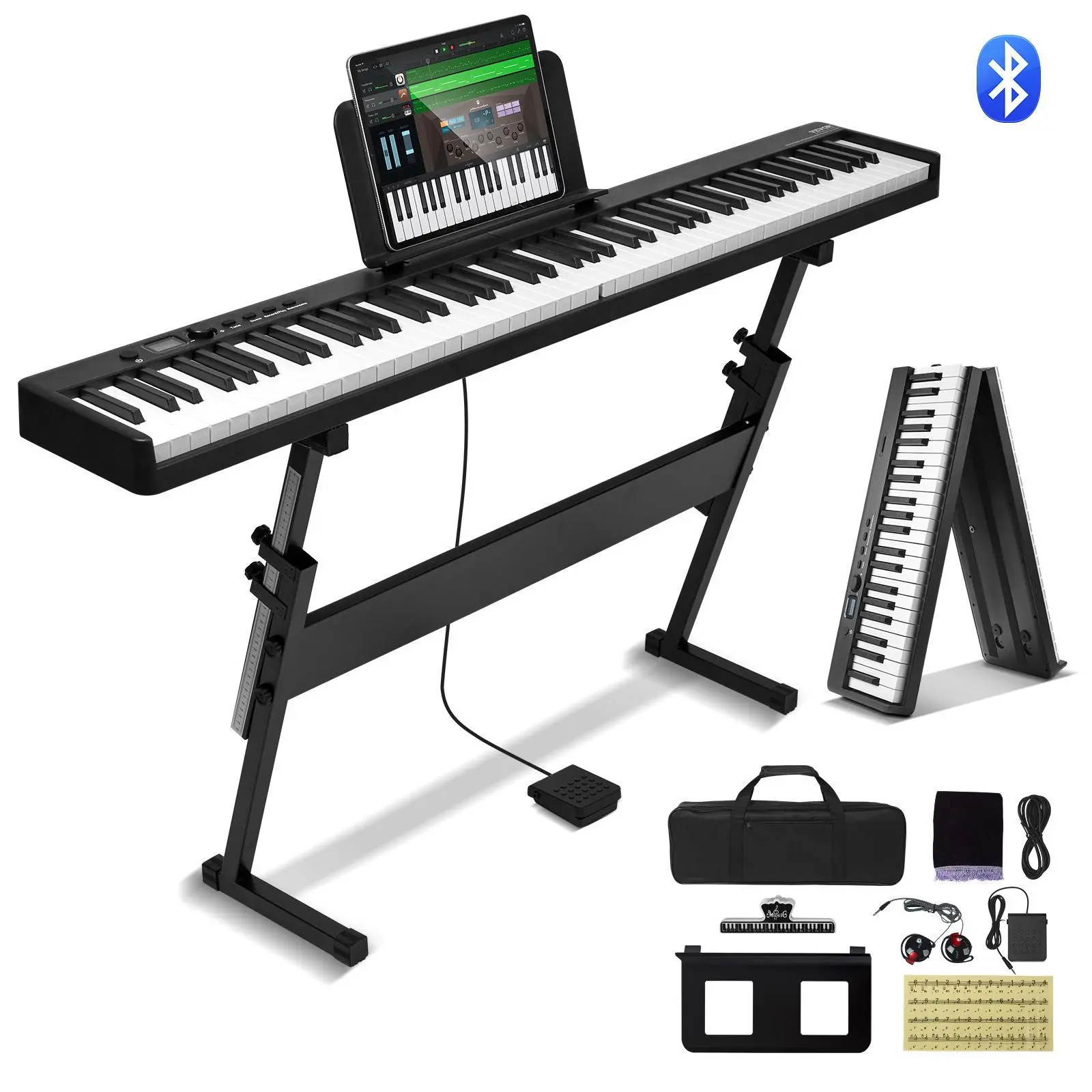 【Summerfinds】VEVOR 88 Key Folding Keyboard Piano, Bluetooth & MIDI, Portable Electronic Digital Foldable Piano with Stand Sustain Pedal Bag Touch Sensitive Keys, Rechargeable for Beginners Teens Adults, Black