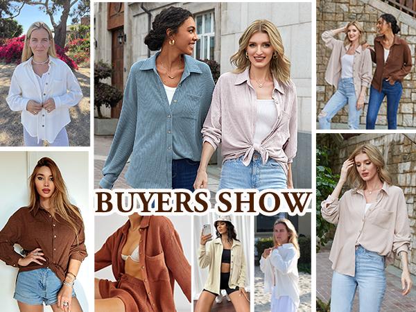 HOTOUCH Waffle Button Down Shirt Women's Casual Knit Tops Long Sleeve Loose Fit Shacket with Pocket 2025 Outfit