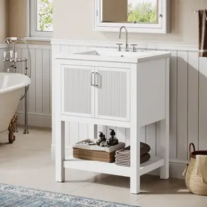 Tribesigns 24" Bathroom Vanity with Sink, Solid Wooden Frame Freestanding Vanity with Ceramic Porcelain Basin, 2-Door Storage Cabinet & Open Shelf for Small Bathroom, Industrial