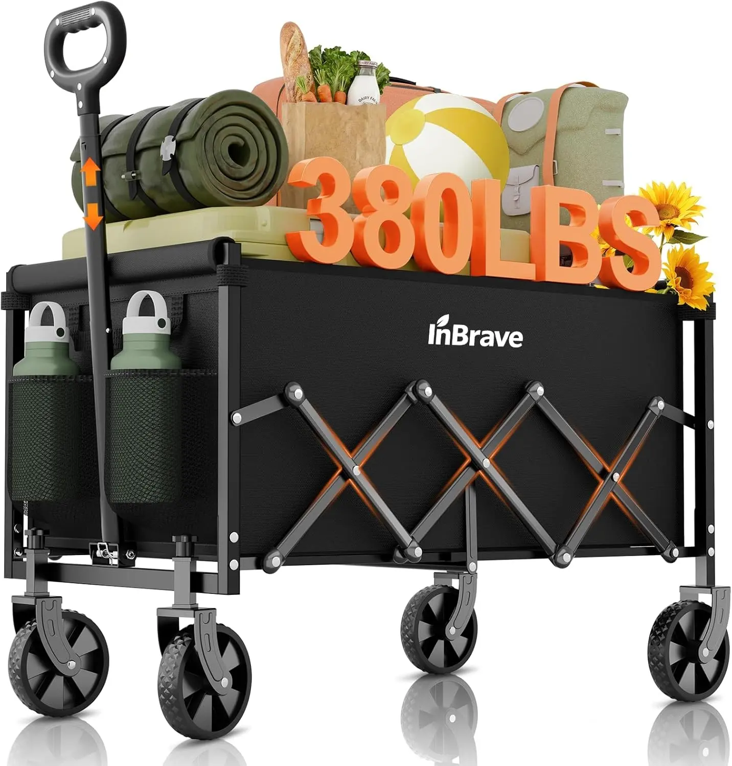 Collapsible Wagon Cart with All-Terrain Wheels, 380LBS Capacity | Foldable Lightweight, Heavy-Duty Utility for Grocery/Shopping/Camping/Sports/Garden, 600D Oxford, Black