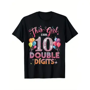 10th Birthday T-Shirt - This Girl Is Now Double Digits Age 10, Round Neck Top with Number 10, Birthday Outfit for 10 Year, Year-Round Wearable Celebration (3-13Y)