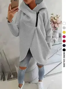 Women's Plus Size Hooded Sweatshirt, Full Zip Fashion Design, Asymmetrical Hem, Breathable Thick Fleece, Loose Fit Long Sleeve Fall Winter, Tops