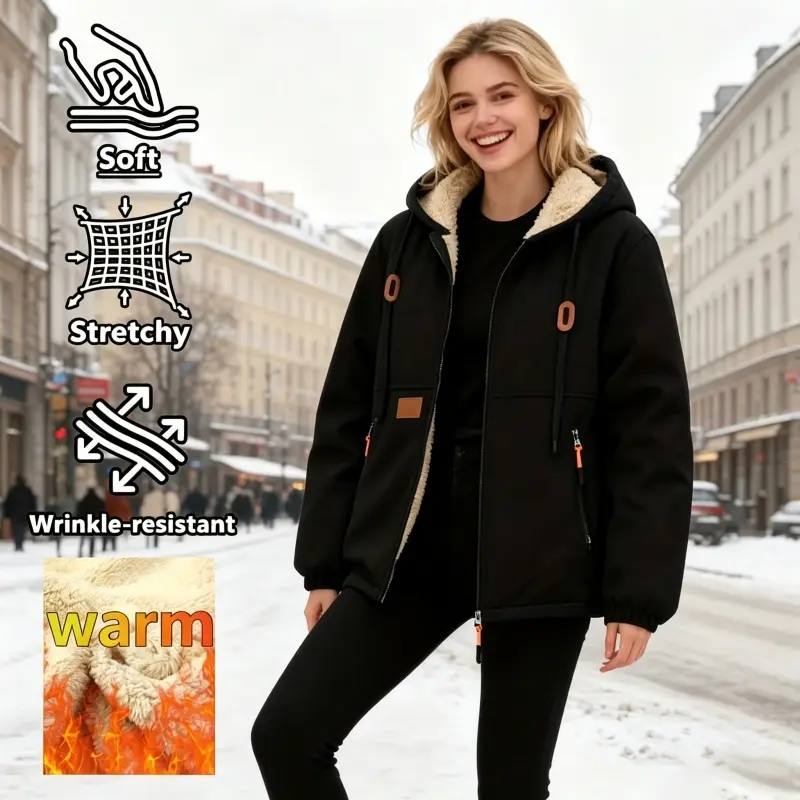 Women's Fleece Lined Thick Hooded Coat - Pull-On Solid Plain Regular Sleeves Warm Outerwear with Stylish Patch Detailing, Suitable for Casual Outfits, Commuting (Fleece Jacket for Autumn Winter Athletic Wear Compatibility)