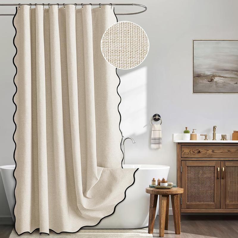 Long Scalloped Shower Curtain Linen Textured with 12 Hooks Heavy Duty Washable Waterproof Cloth Shower Curtains with Black Border for Bathroom Hotel Bathtub,Beige Quick Drying Machine Washable Home Bathroom Decor Shower Curtain Sets for Bathroom