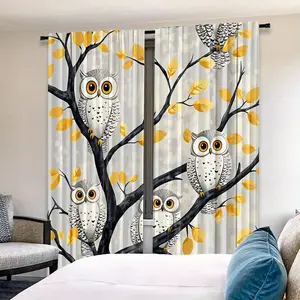 2pcs Cartoon Owl Print Curtains, High Definition Digital Printing, Rod Pocket Installation, Polyester Material, All-Season Decorative Drapes