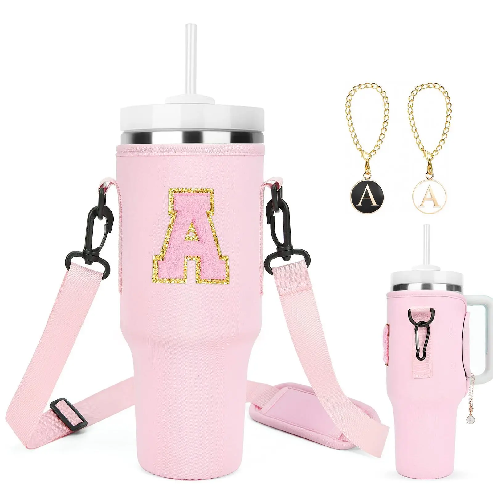 A-Z Water Bottle Holder Bag for Tumbler Cup with 2 Letter Charm & 1 Self-adhesive Chenille Letter, Summer Essentials Bottle Carrier with Strap for Bir