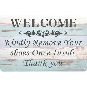 Please Take Your Shoes Off Sign - Metal Welcome Sign for Porch, Bedroom, Entrance, Front Door Wall Art Decor Accessories, 12 x 8 inch