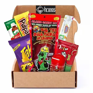 Chamoy Pickle Kit by CHRONOS 9 Piece Kit includes Alamo Big Tex Chamoy pickle, Skwinkles Watermelon Flavor, Lucas Gusano (tamarind), Lucas Polvos (chamoy), Tajin Packet, Fruit Roll Up, Tamarind Pulp Candy, Takis Fuego and Chronos Magnet