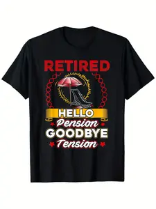 Trendy Funny Retirement T-Shirt "Retired Hello Pension" - Umbrella Graphic 100% Cotton Casual Short Sleeve, Perfect Retirement Gift Idea