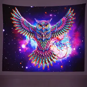 Owl Tapestry with Colorful Feathers and Flowers, Scenic Decorative Art for Home Aesthetic, Soft Peach Skin Fabric for Living Room, Wall Hanging Tapestry