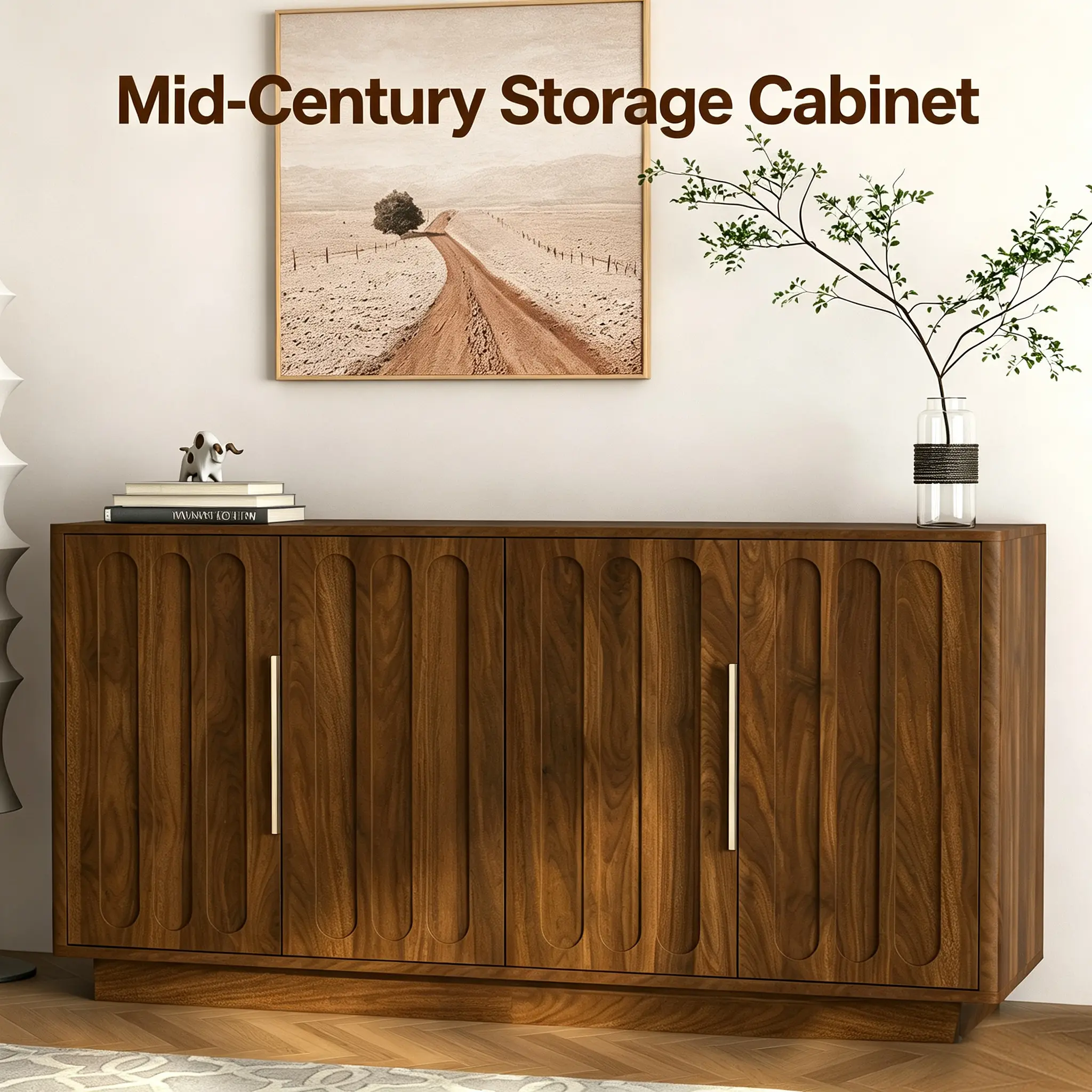 Mid-Century Rectangular Wood Frame Sideboard Cabinet - Fluted Corrugated Doors, Adjustable Shelves, Easy Setup Large Credenza Accent Console for Living Room, Dining Room