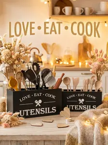 Love-Eat-Cook Rustic Wooden Kitchen Utensil Holder with 3 Compartments Vintage Storage Organizer Box for Silverware Fork Spoon Spatula Countertop Farmhouse Flatware Caddy