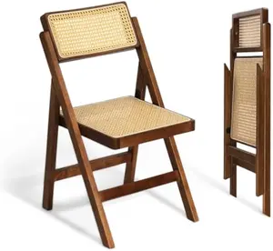 VINGLI Rattan Dining Chair, Wood Folding Chair with 360° Swivel Backrest, Rubberwood Frame and Rattan Woven Seat and Back, Walnut, Set of 2 Patio Wicker Furniture