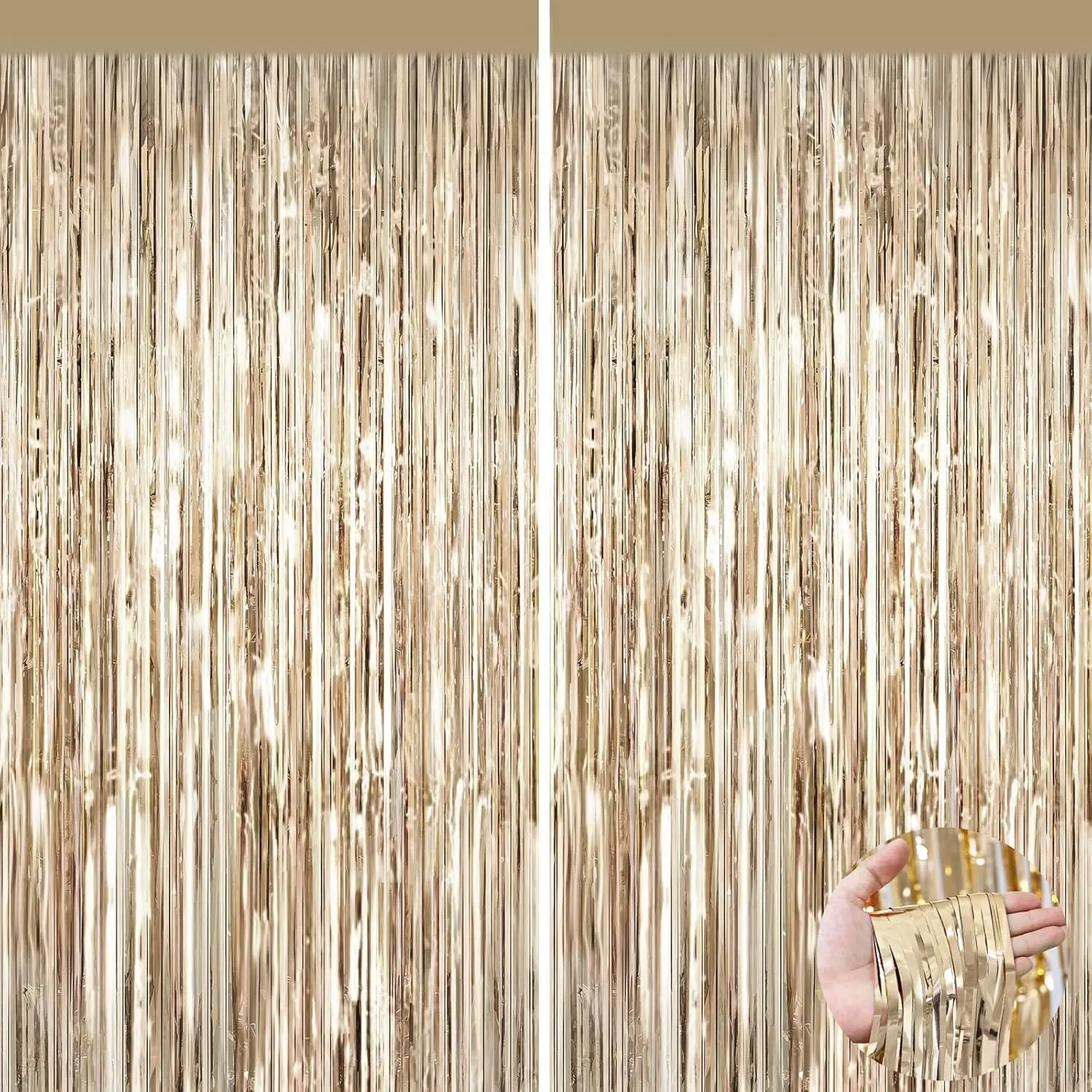 2Pack Durable Synthetic Shiny Metallic Champagne Foil Fringe Wall Backdrop Curtains - Decorative Tinsel Door Streamers, Banner Photo Props for Birthday, Wedding Party Decor Supplies