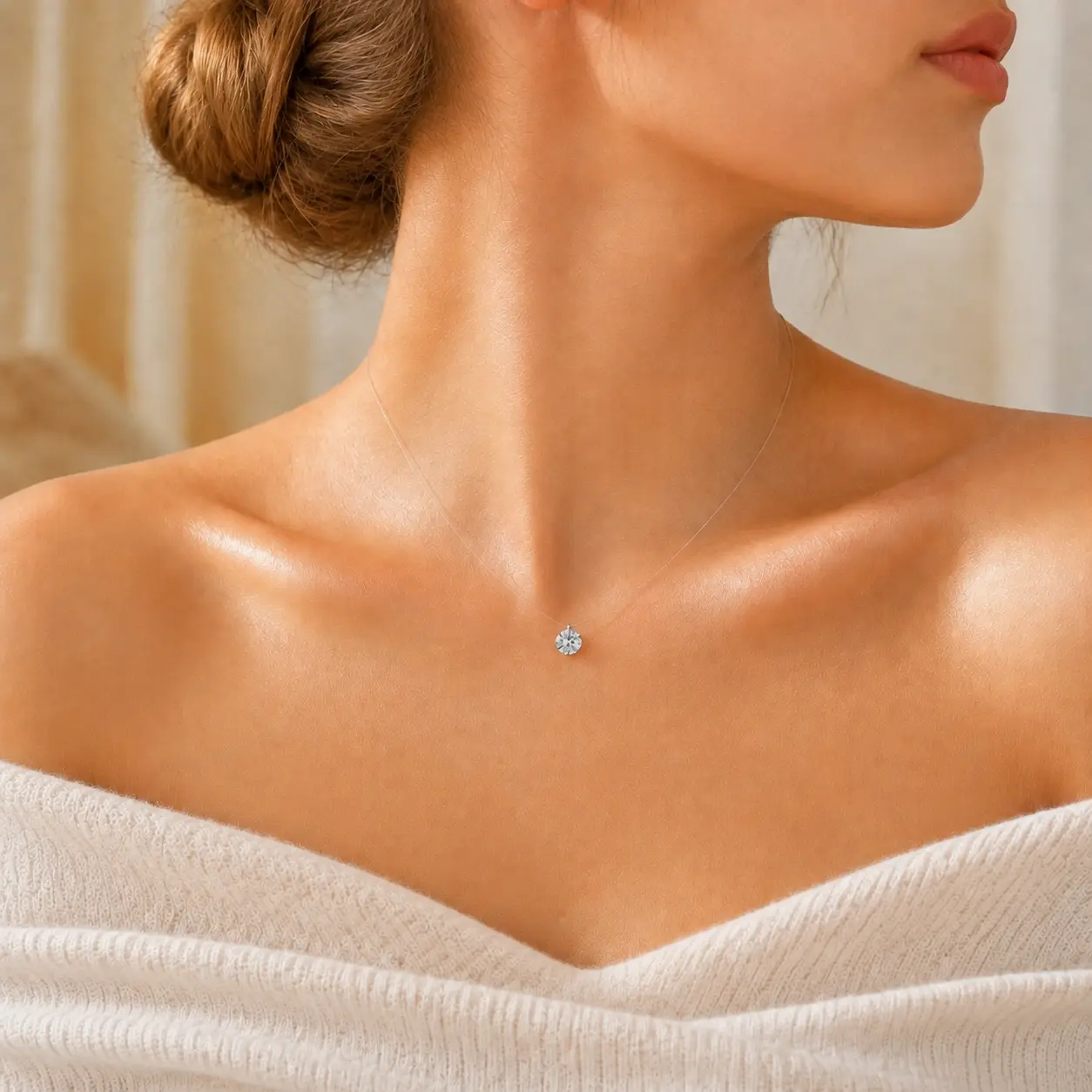 Women's Floating Cubic Zirconia Pendant Necklace on Invisible Transparent Cord, Minimalist Choker Adjustable Length, Everyday Layering Jewelry, For Woman,Gift,summeroutfits,vacationoutfits,beachoutfits