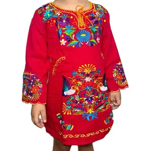 Vestido de Nı’ña - Mexican Floral Embroidered Dress Red Black  - Elegant Traditional