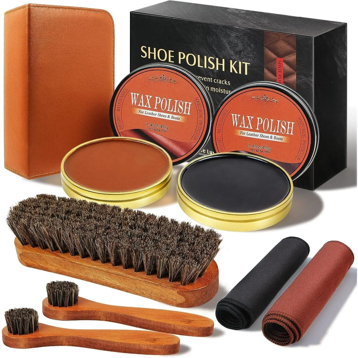 8 count Shoe Polish Kit, Includes 2 count 1.4Oz Brown Shoe Wax, 3 count Horsehair Boots Brushes, 2 count Shine Cloths
