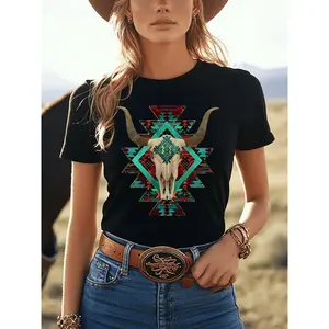[1pc Women'S Western Cowboy Skull Print T-Shirt] 1pc Women'S Western Cowboy Skull Geometric Print T-Shirt - Casual Round Neck Short Sleeve Top, Cotton Knit Fabric, Regular Length - All Seasons Fashion