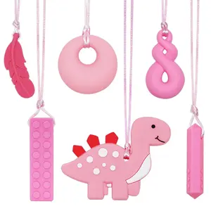 BY-FAN8 Chew Necklace for Sensory Kids Girls and Adults, 5 Pack Sensory Necklace for Autistic Children or Adults with ADHD, SPD, Anxiety, Silicone Pink Dinosaur Stim Toy - BPA Free