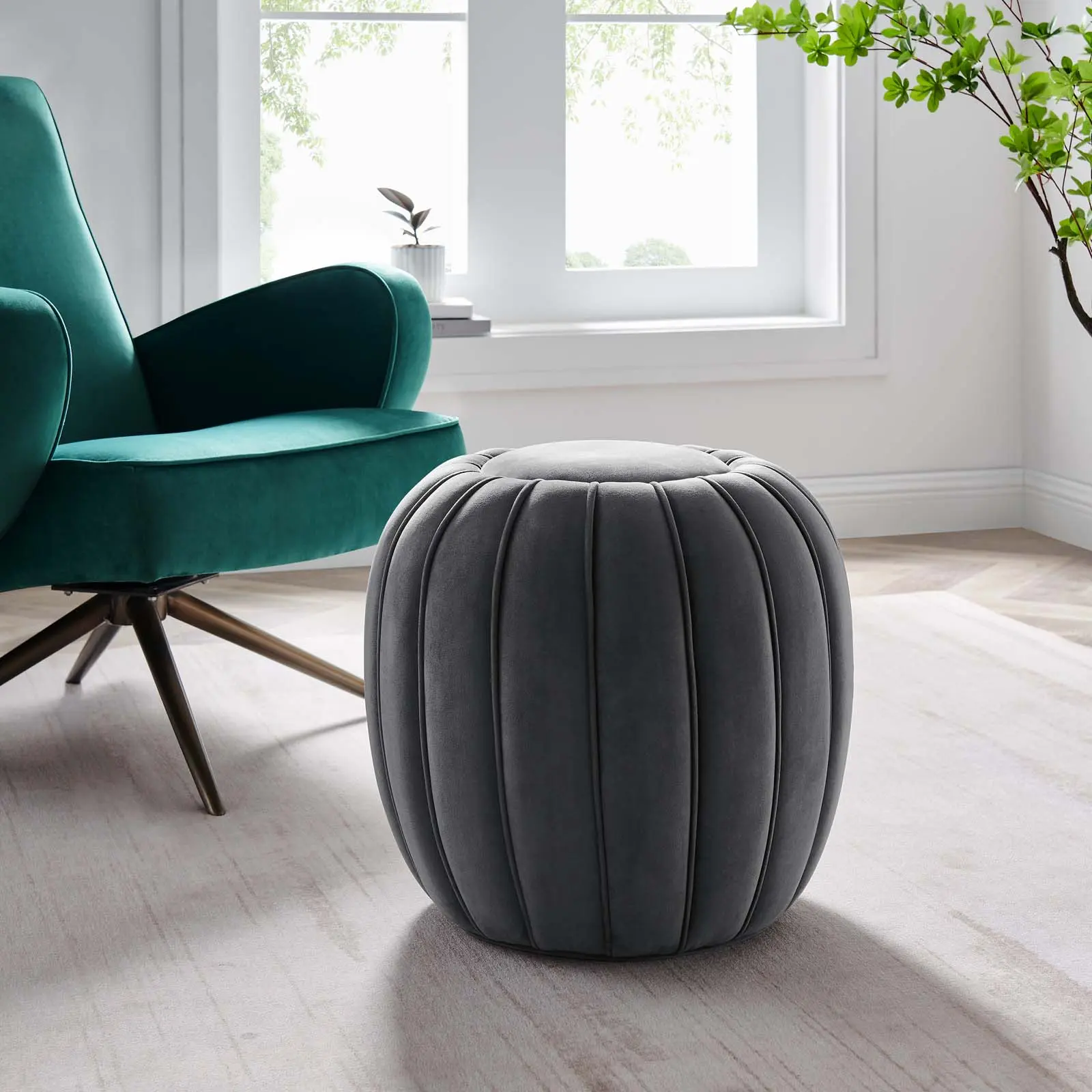Modway Celebrate Retro Mid-Century Modern Vertical Channel Tufted Ottoman - Stain-Resistant Velvet Upholstered, Soft Cushioned Footstool, Foam-Padded, Gray Indoor Living Room Furniture Stool & Bench Decor, Tufted Upholstered Ottoman