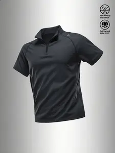 Unisex Dark Gray Quick-dry 1/4 Zip Stand Collar Polo Shirt, Slim Sport Fit, High Elasticity Breathable Fabric, Summer Running Gym Commute Versatile Top, Moisture-wicking & Minimalist Small Logo Design, Trending Ins Streetwear