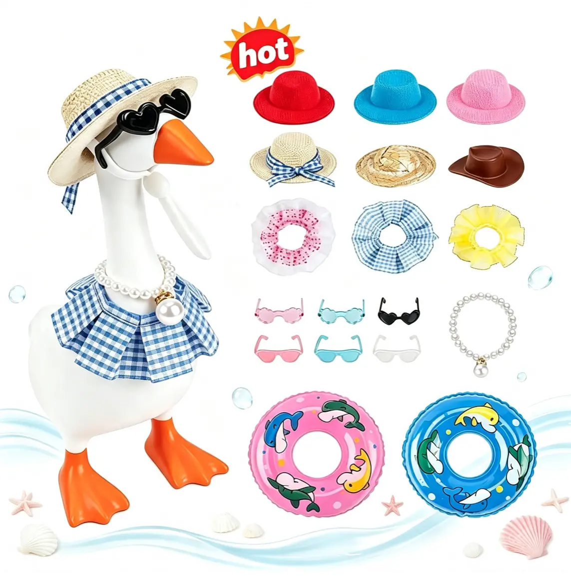 7 Inch Desk Goose Summer Beach Costume Kit, Mini Hats, Heart Sunglasses, Pearl Necklaces, Plaid Collars & Inflatable Swim Rings, Funny Tabletop Ornament, Goose Not Included
