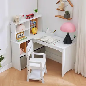 White Kids Corner Desk, Desk and Chair Set for Children, L Shape Kids Study Table - Features Bulletin Board Open Shelves & Storage Cabinets and Cloth Drawers